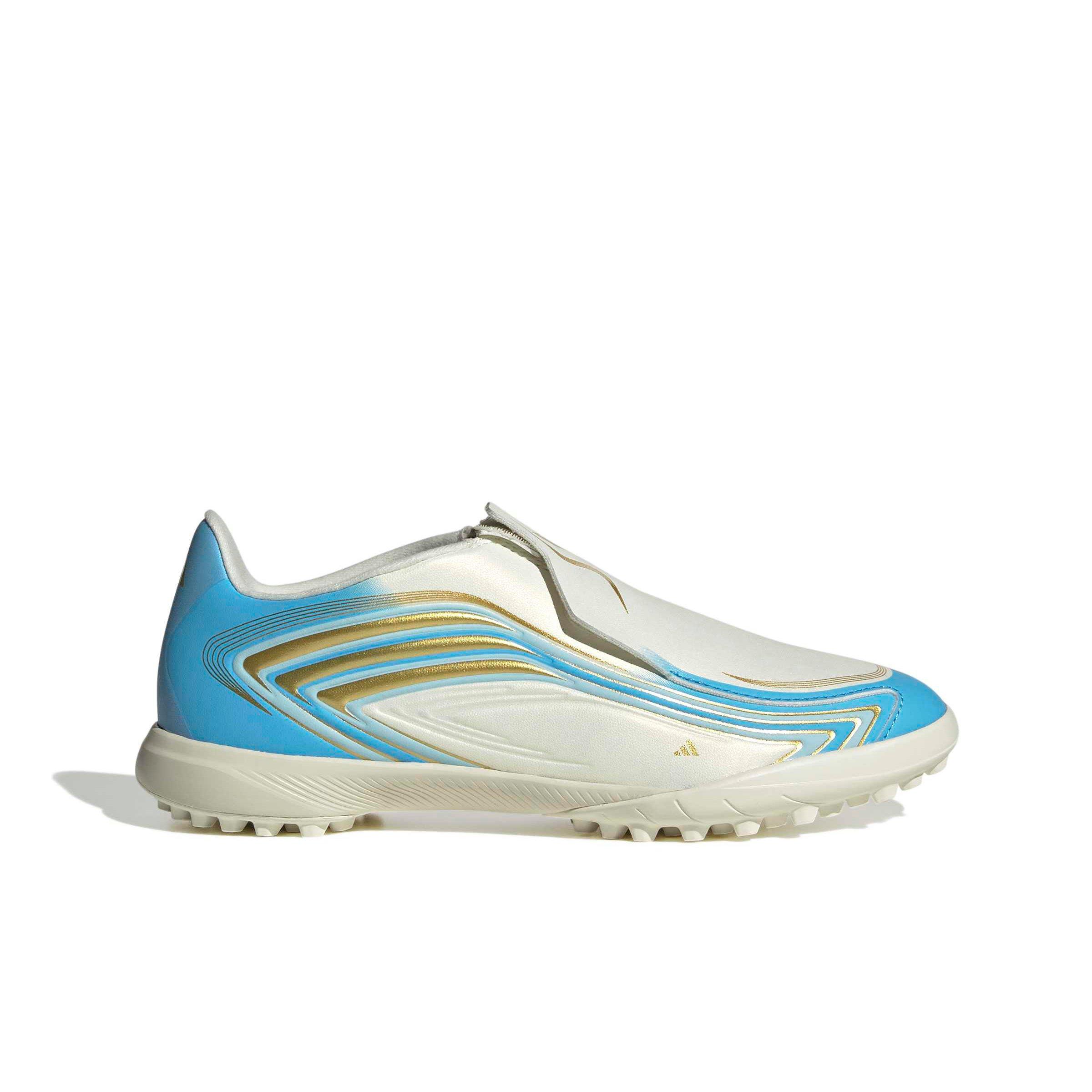 adidas F50 Messi League Laceless Turf "Ivory/Semi Blue/Icey Blue" Grade School Kids' Soccer Shoe - IVORY/BLUE/BLUE
